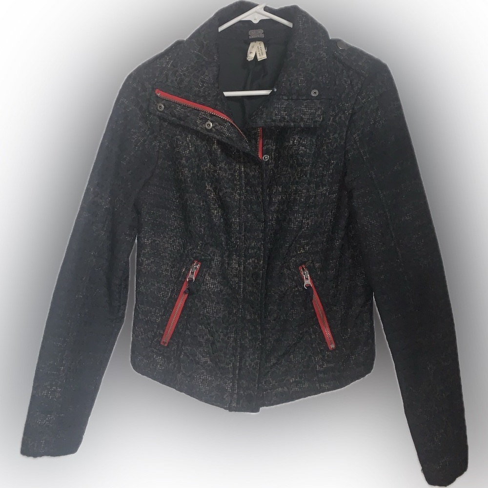We The Free Black Houndstooth Leopard Print Moto Jacket With Red Zippers Size 4